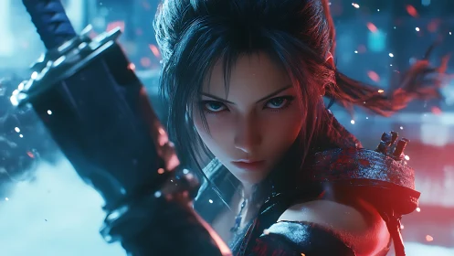 Warrior woman grips massive sword amid glowing blue sparks