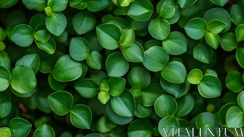 Macro overhead view of glossy green foliage with round leaves