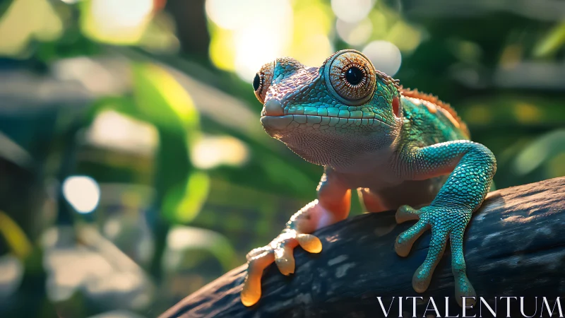 Curious tropical gecko rests on a branch in glowing jungle light