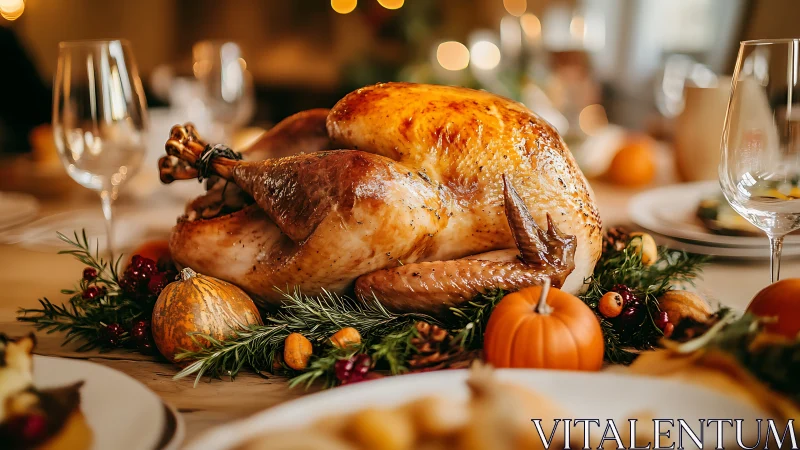 Golden holiday turkey crowned with autumn harvest glow.