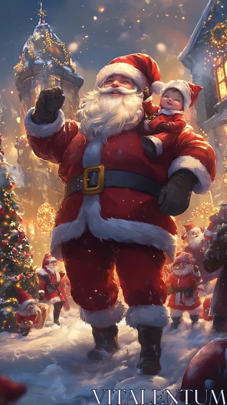 Santa leads joyful snowy parade with child on shoulder.