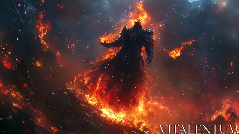 Apocalyptic fire lord in infernal volcanic panorama digital painting.