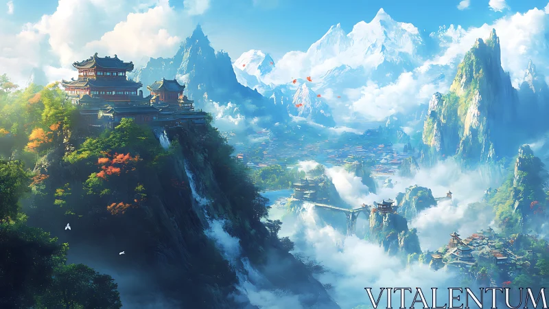 Misty mountain temples welcome travelers into a hidden realm