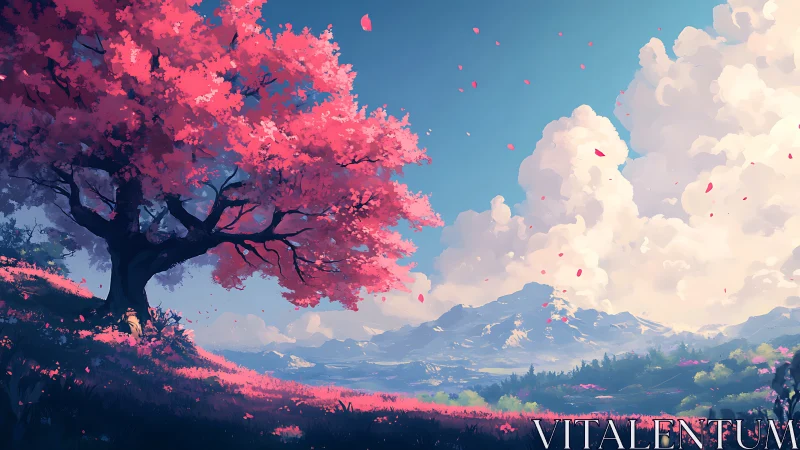 Pink-blossomed tree above valley with distant mountain range.