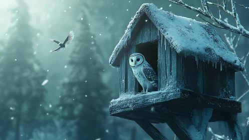 Snowy owl in rustic wooden birdhouse, winter forest scene, digital art.