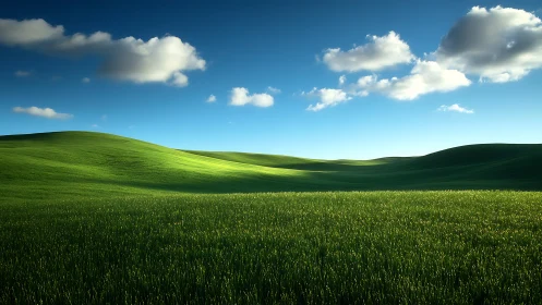 Green hills under blue sky show soft daylight gradients