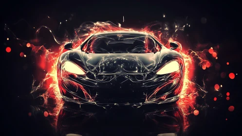 Flame-wreathed supercar slices through liquid neon night