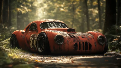 Weathered orange race car rests on forest track surface