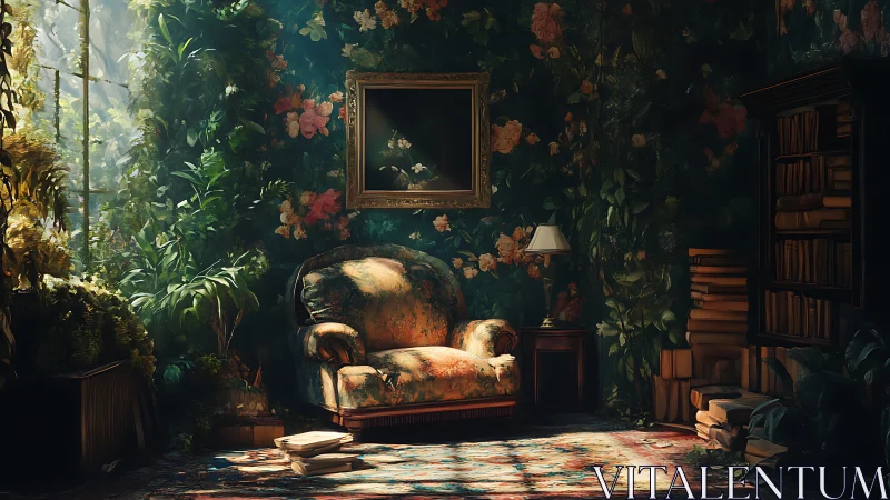 Cozy reading nook wrapped in lush flowers and soft light.