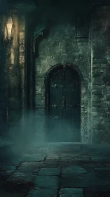 Fog shrouded gothic door in dim lamplit stone alleyway.