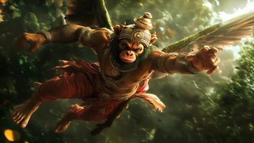 Winged monkey warrior soars through glowing forest sky.