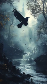 Raven river kingdom beneath mist-drowned waterfall skies.