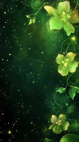 Glowing Green Flowers Against Dark Digital Background