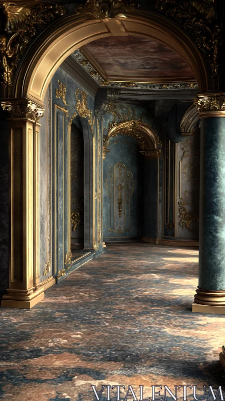 Gilded baroque corridor with blue marble and warm light.