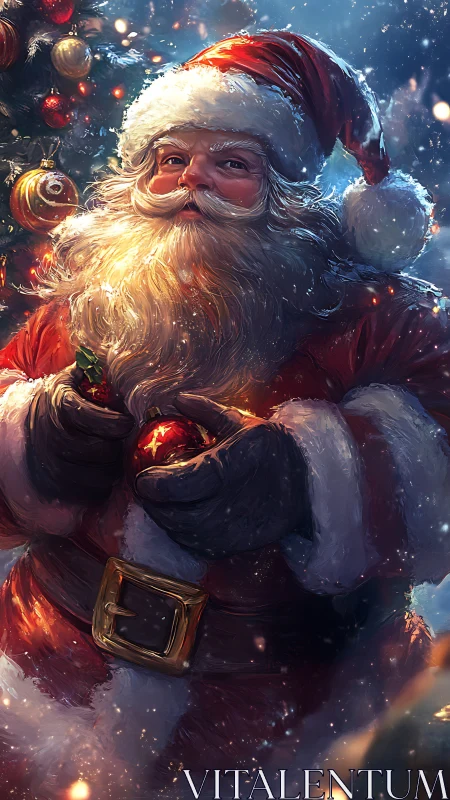 Santa in glowing winter light with ornate Christmas bauble.