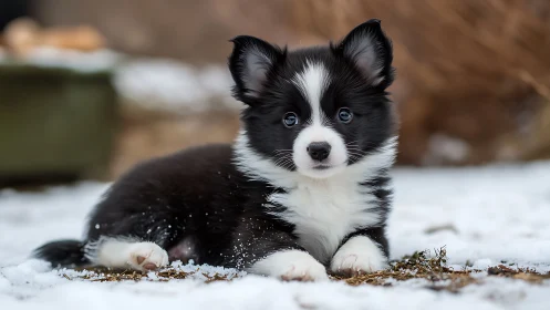 Snow-dusted border collie puppy quietly invents winter magic