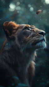 Lioness gazes upward in a dreamy, starlit forest haze