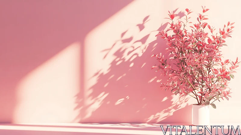 Soft pink plant in sunlight casts poetic wall shadows.