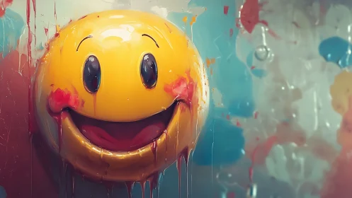 Smiley face melting in vivid dripping paint on wall.