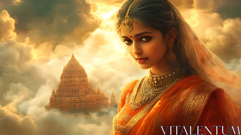 Golden temple dreams with a serene saree-clad muse.