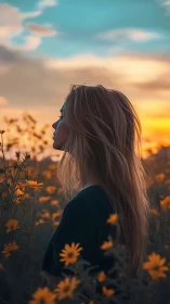 Sunlit profile in wildflower field at glowing sunset.