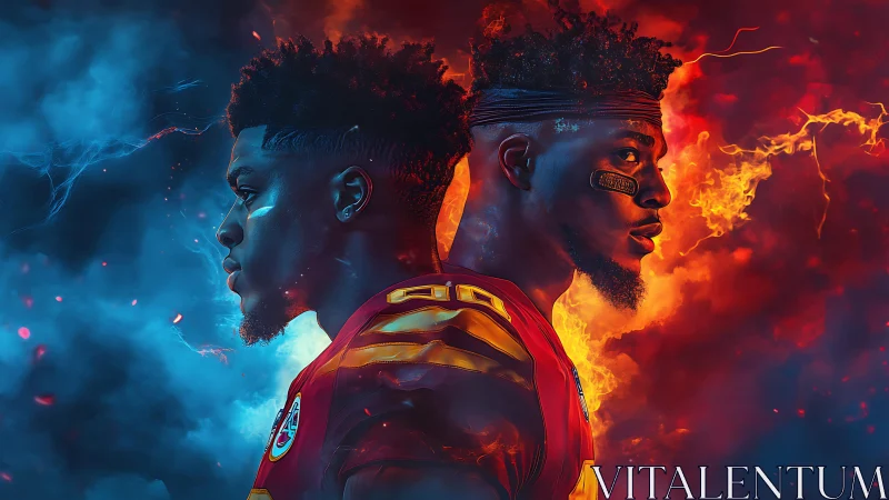 Dual football warrior amid blue and fiery abstract energy.