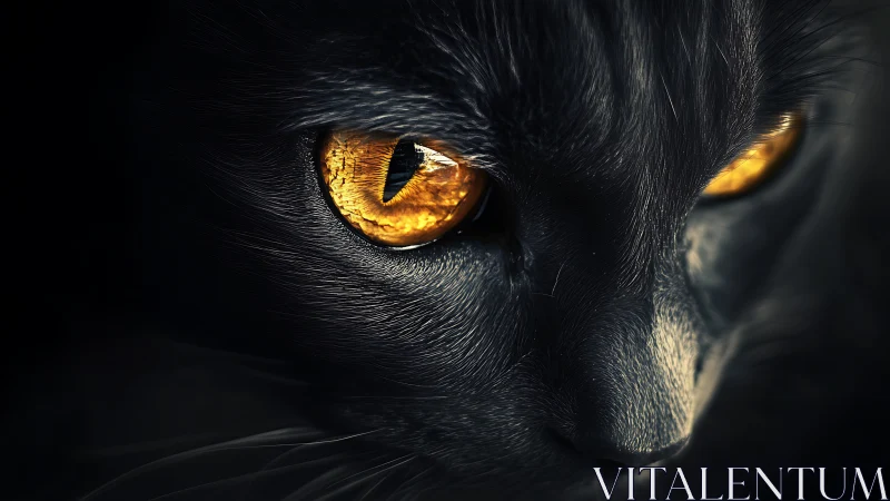 Smoldering amber eyes in close-up portrait of black cat.