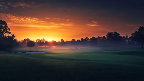 Sunrise mist drifts over a tranquil championship golf course.