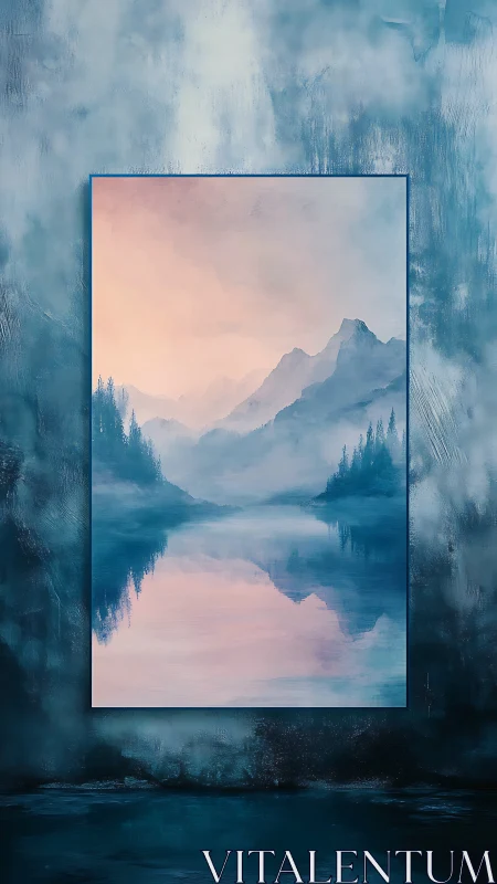 Framed misty mountain lake landscape in cool tones.