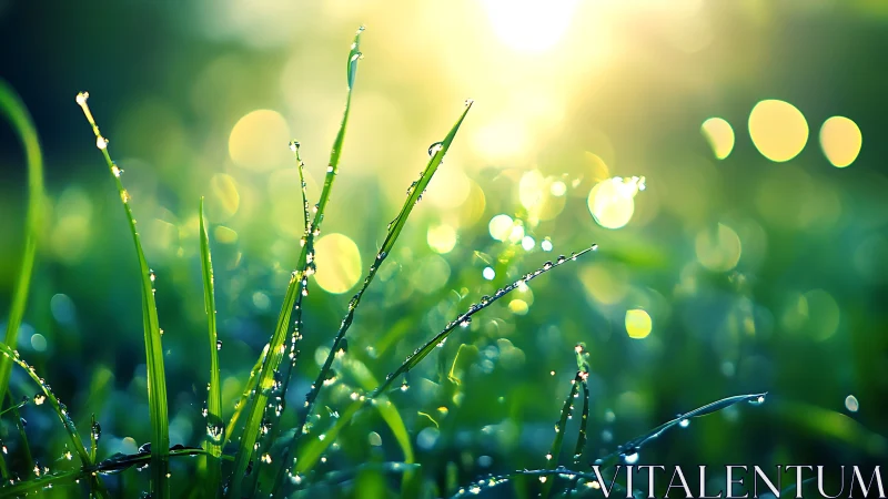 Backlit grass blades with dew droplets in shallow focus.
