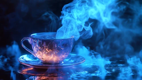 Luminous phantom teacup swirling with electric blue steam.