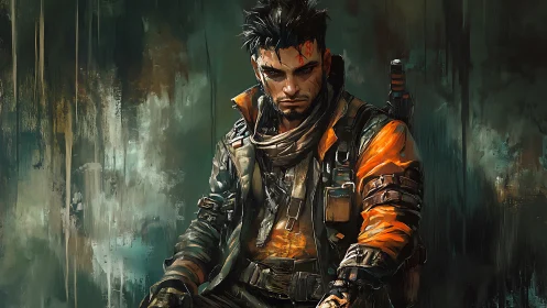 Battle-worn cyberpunk mercenary in orange tactical jacket.