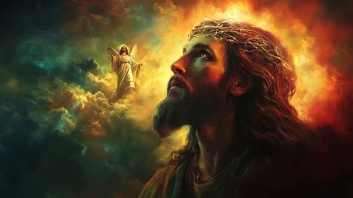 Dramatic digital portrait of crowned figure amid radiant clouds