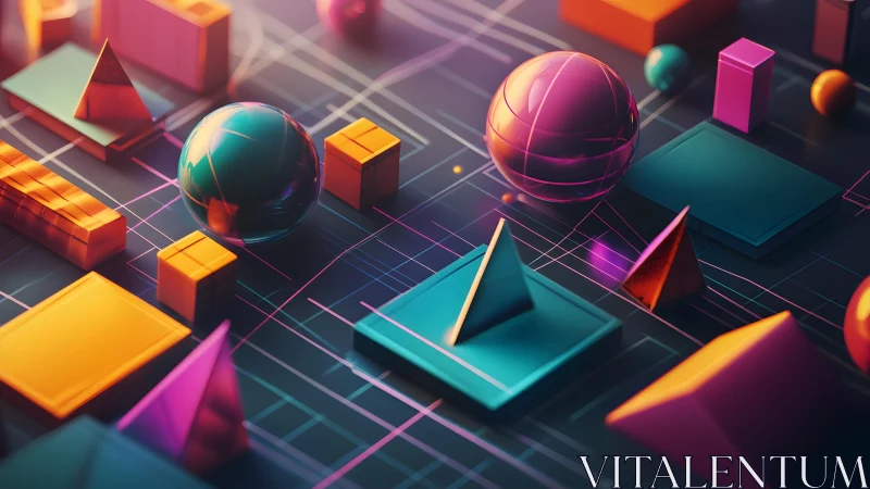 Neon geometric shapes on abstract digital grid surface.