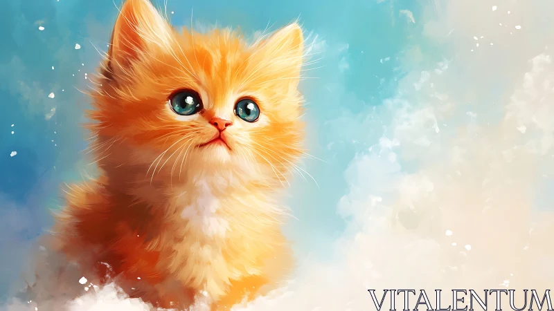 Orange Domestic Cat Against Clouded Sky Background.