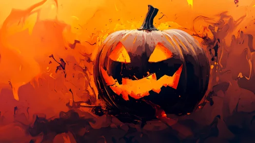 Incandescent jack o’lantern amid molten chromatic turbulence.