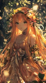 Golden-haired forest maiden framed by luminous petals.