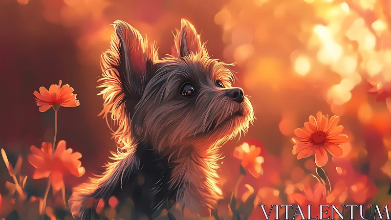 Small dog in warm orange flower field at sunset.