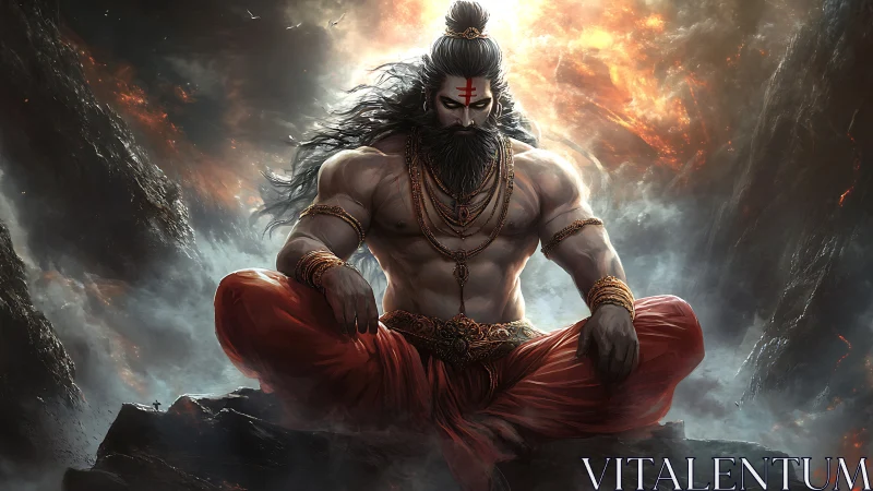 Firelit warrior sage meditates amid storming rocky void