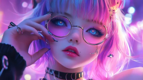 Cyber neon girl close-up portrait with pink glasses glow.
