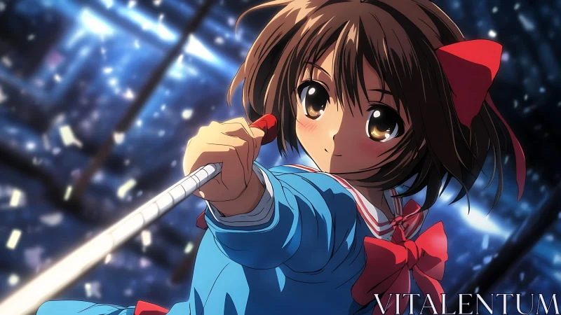 Anime schoolgirl with microphone in dynamic night scene.