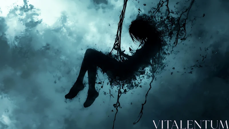 Shadowed figure dissolving in stormy abstract sky.