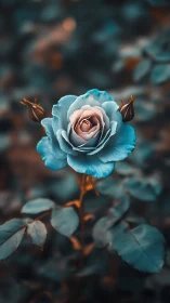 Blue rose glows softly against dreamy teal foliage.