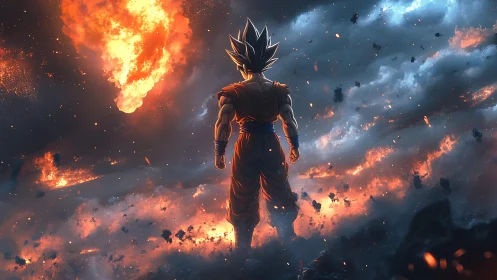 Backlit warrior studies apocalyptic sky with dynamic fire clouds