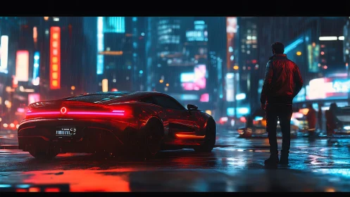 Futuristic sports car idles in neon city rain at night