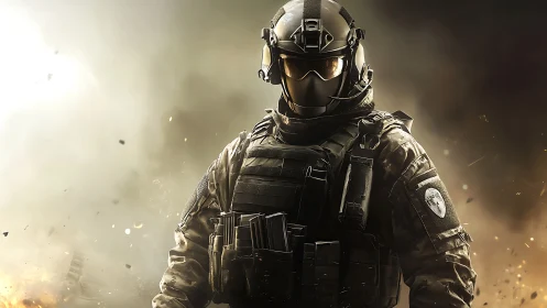 Armored futuristic soldier stands amid blazing battlefield.