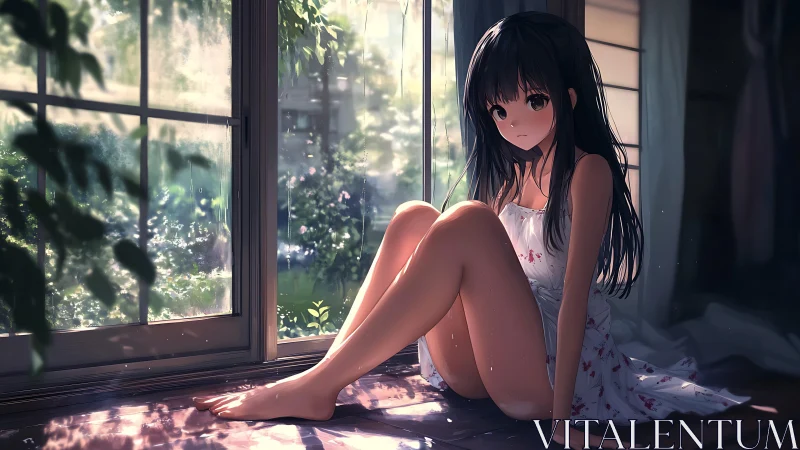 Anime girl rests by sunlit window in quiet summer room