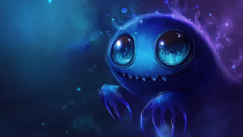 Bioluminescent blue monster drifting in cosmic mist.