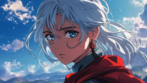 Windlit silver-haired heroine under vivid mountain sky.