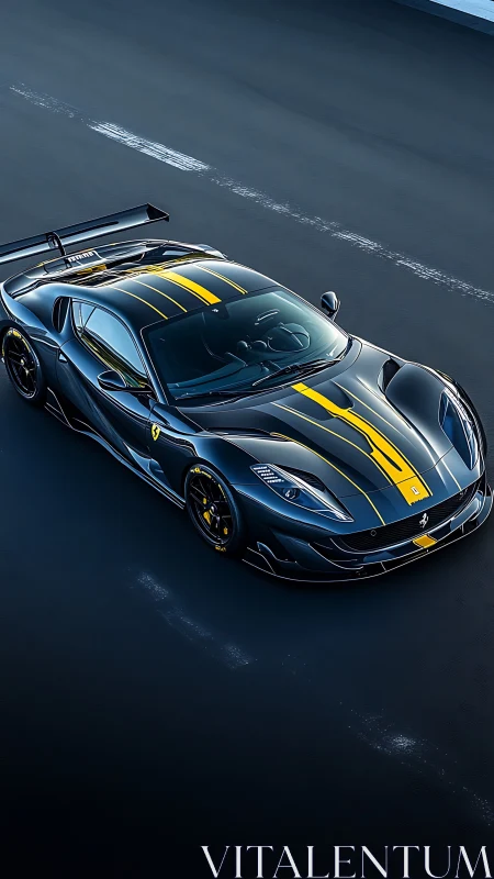 Black track car with yellow stripes in overhead view.